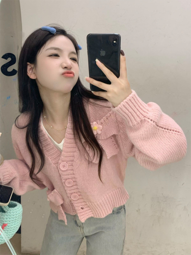Real shooting real price Han chic autumn college style pink and tender bow sweater cardigan