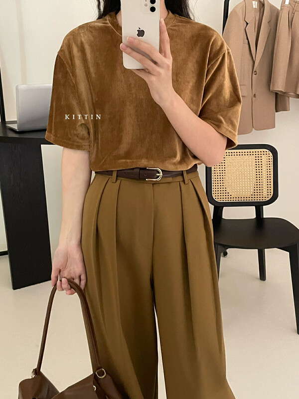 【KITTIN】Korean Simple Velvet Short Sleeve T-Shirt 3122