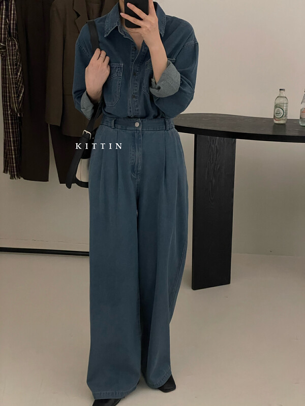 【KITTIN】Korean style semi-elastic waist loose denim casual pants 9178