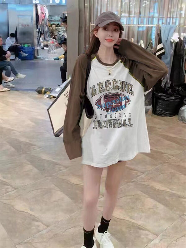 New in autumn!  [Jinhan] Casual Loose Colorblock Raglan Letter Print Long Sleeve T-Shirt 8164# GYJ