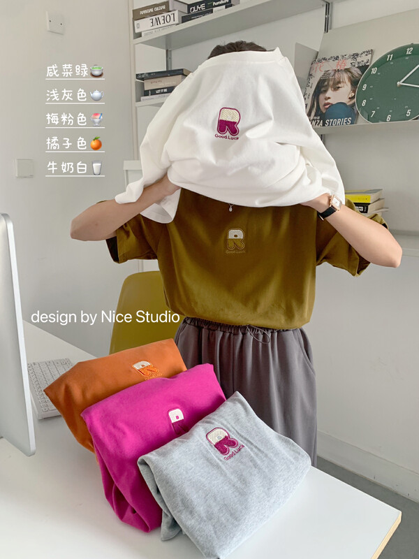 New in autumn! [NICE STUDIO] Embroidered fashion round neck short-sleeved T-shirt 1118# ZXL