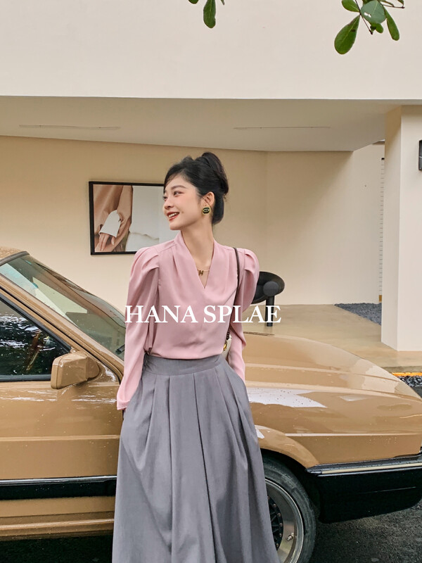 New in autumn! [HANNA Hanna] Fashionable commuter puff sleeve chiffon shirt (with chain) H10230# JHY