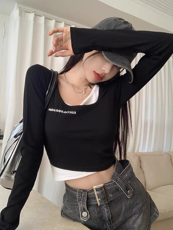 New in early autumn! [XINYUANJIEYI Aragaki Yui] Pure desire to fake two U-neck letter printed long-sleeved T-shirts 882A# PCZ