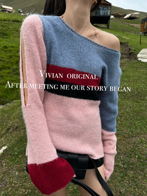 Autumn is new! [VIVIAN] Korean style contrast color stitching lazy wind warm sweater (including 20% ​​wool) V6016# ZXX