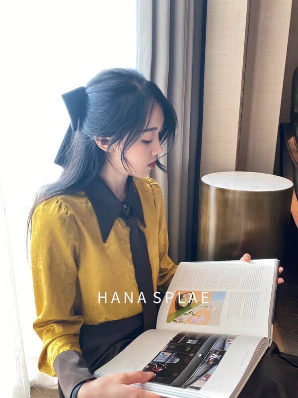 Autumn is new! [HANNA Hanna] Professional white-collar fan hit color long-sleeved jacquard shirt (with tie) H10213# JHY