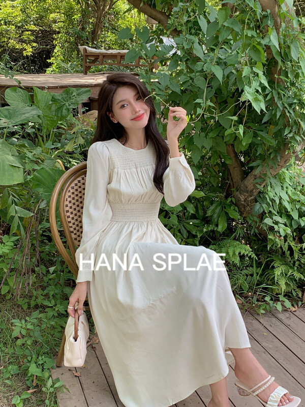 New in early autumn! [HANNA Hanna] New temperament round neck waist dress H5531# JHY