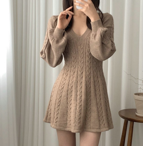 Korean chic autumn and winter retro hemp pattern V-neck waist small lantern sleeve A-word knitted sweater dress women