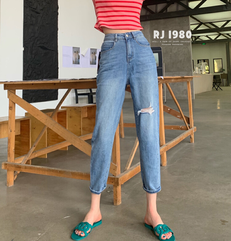 【1980】Comfortable and versatile ripped dad jeans 65159# HYY