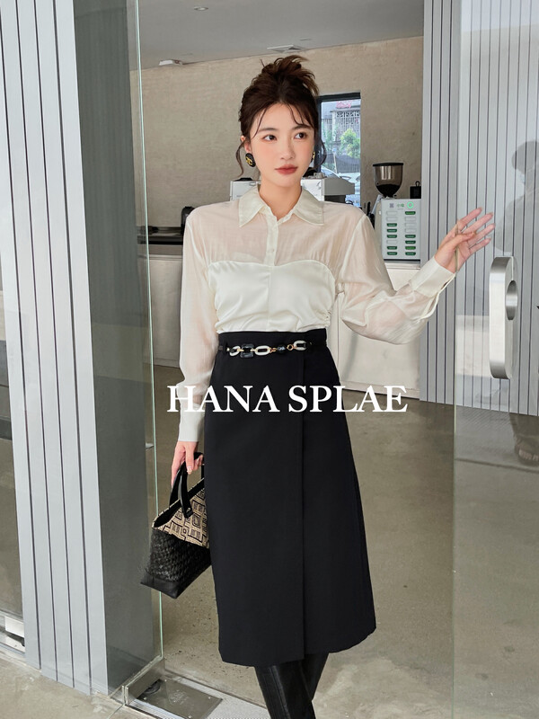 New in autumn! [HANNA Hanna] temperament and elegant fake two-piece stitching pullover shirt H10356# JHY