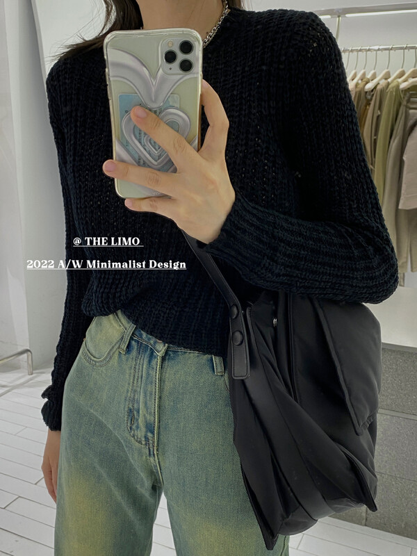 New in autumn! [THE LIMO] Simple solid color hollow design shoulder pad sweater YS1-9005# XYJ