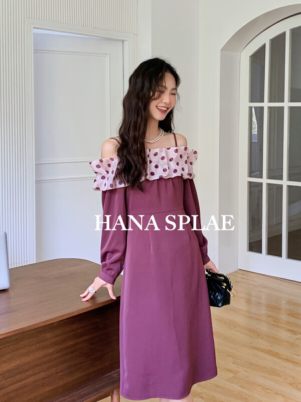 Autumn is new! [HANNA Hanna] new polka dot one-word collar dress H3329# JHY
