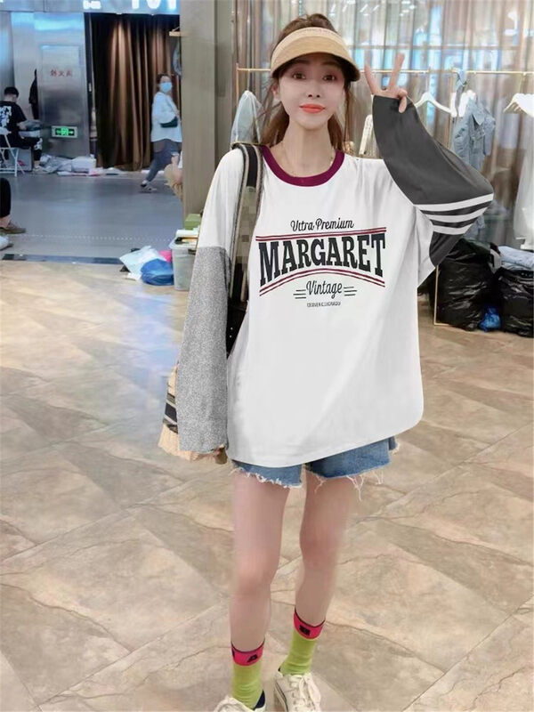 New in autumn!  [Jinhan] Casual Loose Colorblock Letter Print Round Neck Pullover Long Sleeve T-Shirt 8227# GYJ