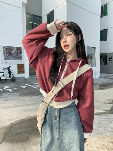 Real Price Early Autumn Short Drawstring Hooded Sweater Women's Loose Lazy Korean Style Pullover Jacket