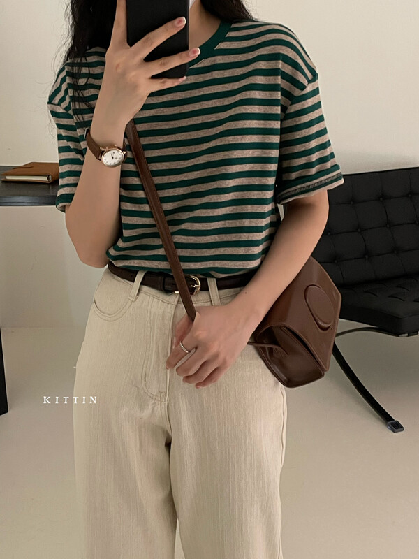【KITTIN】Korean style simple striped round neck short-sleeved T-shirt 3110