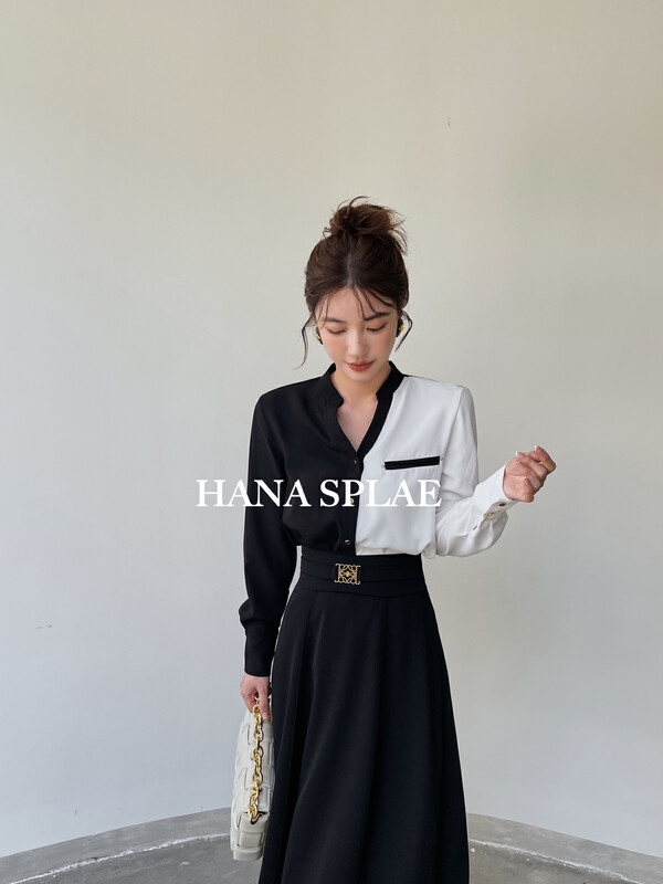 [HANNA Hanna] Fashionable temperament contrast color stitching black and white shirt H10369# JHY