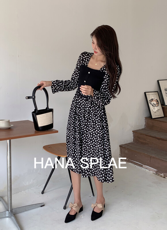 New in early autumn! [HANNA Hanna] temperament square collar fake two-piece stitching dress H5526# JHY