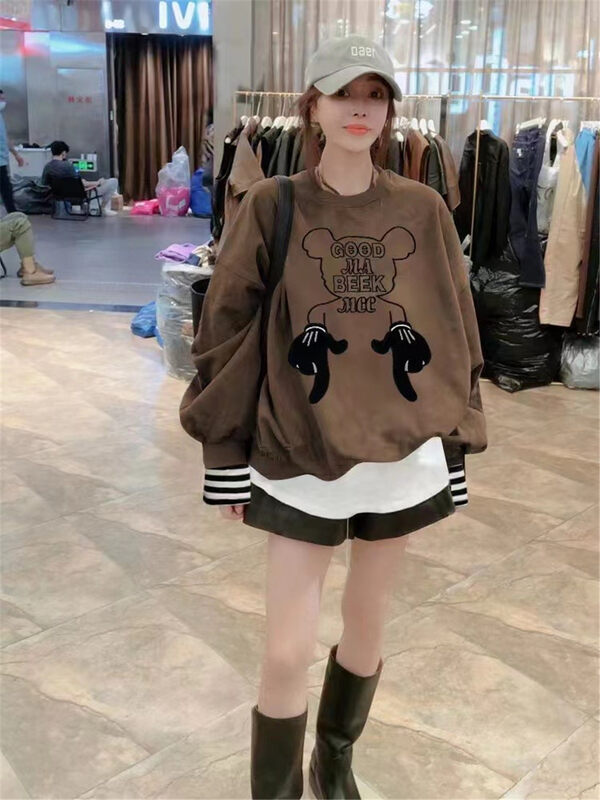 New in autumn! [Jinhan] cartoon pattern striped sleeve loose sweater YS1-8214# GYJ