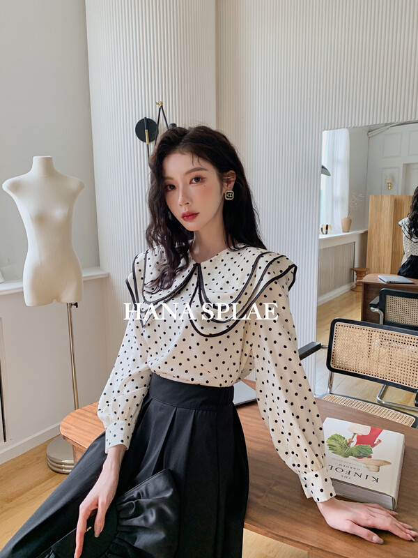 Autumn is new! [HANNA Hanna] Sweet three-layer large shawl collar polka dot pullover chiffon shirt H10361# JHY