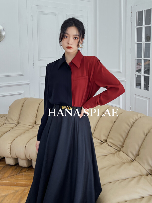 New in early autumn! [HANNA Hanna] Contrast color stitching casual single-breasted shirt H10207# JHY