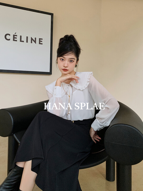 New in autumn! [HANNA Hanna] Retro French bow elegant chiffon shirt (with suspenders) H10260# JHY