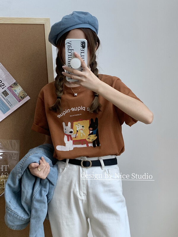 New in autumn! [Nice Studio] Van Gogh white ink print dog short-sleeved T-shirt 28807# ZXL