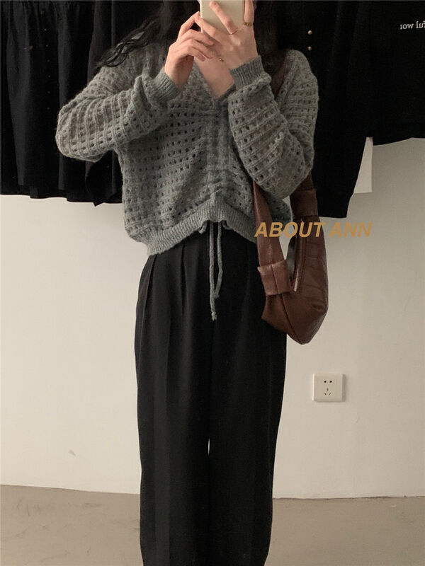 New in autumn!【ABOUT ANN】V-neck hollow drawstring sweater 2302# ZJY