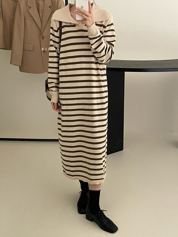 【KITTIN】Korean style striped skin-friendly woolen dress 1367
