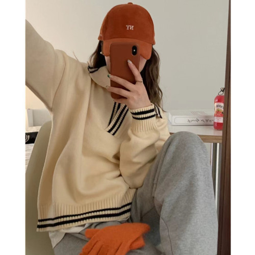  autumn new polo collar knitted fashion simple contrast color loose long-sleeved pullover top female student sweater
