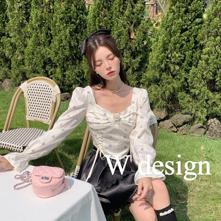 Autumn is new! [W DESIGN] niche floral puff sleeve short shirt (with detachable flowers) 5010# WPL