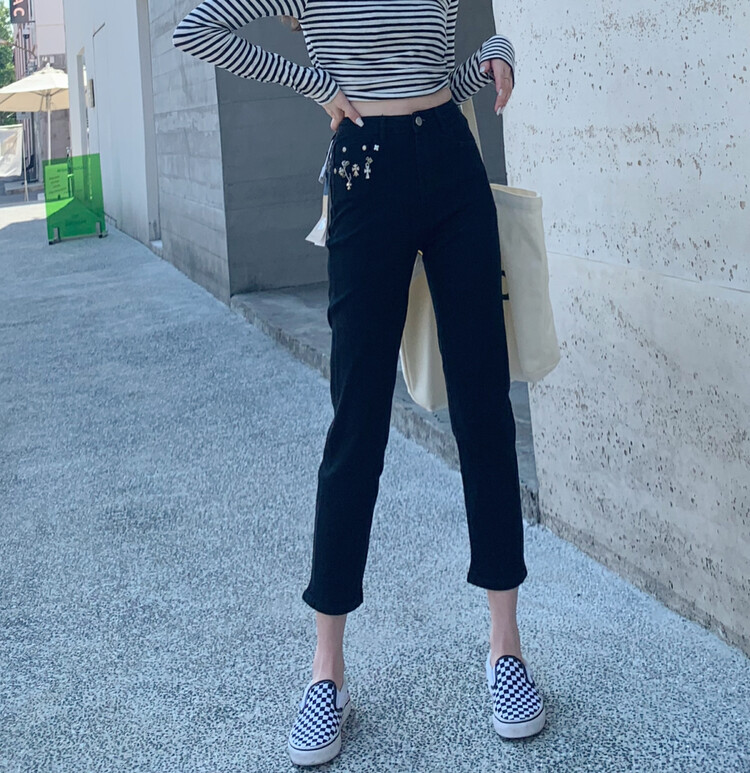 [1980] Early autumn new mid-high waist pockets specially designed slim small straight jeans 63509