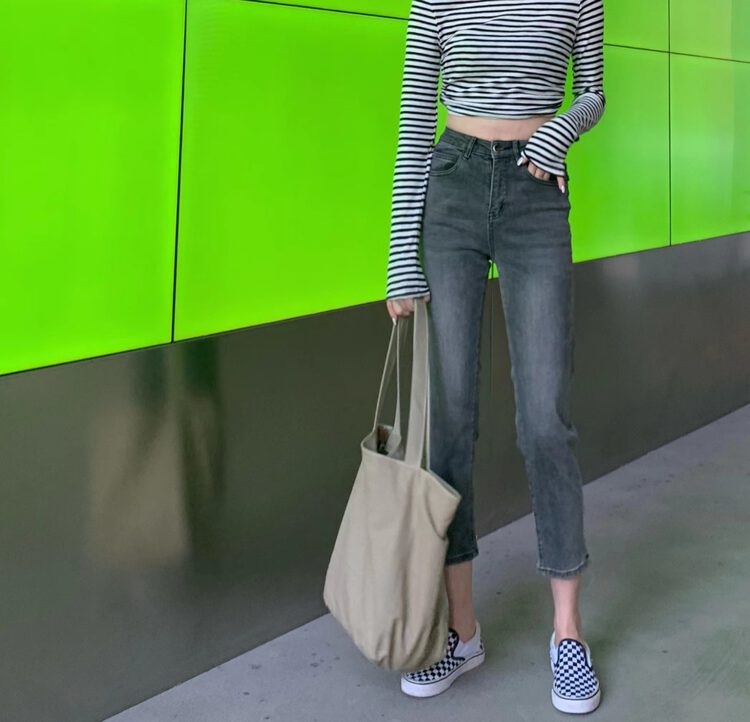 [1980] Early autumn new waist special design space gray stretch slim straight jeans 65317