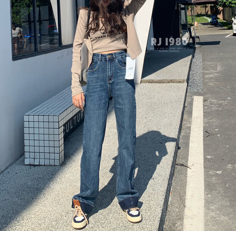 [1980] Autumn new product high-quality flanging labeling design loose straight mopping pants jeans 2A63568