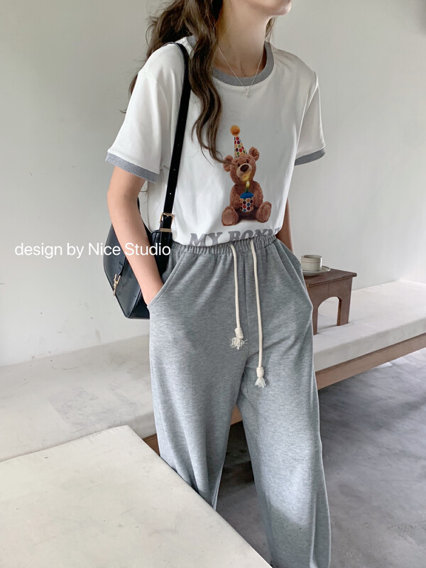 New in autumn! [NICE STUDIO] Contrast color printing pullover short-sleeved T-shirt 28813# ZXL