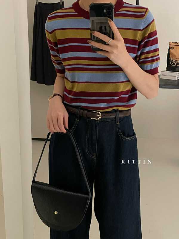 【KITTIN】Korean Textured Striped Colorblock Knit Sweater 1328