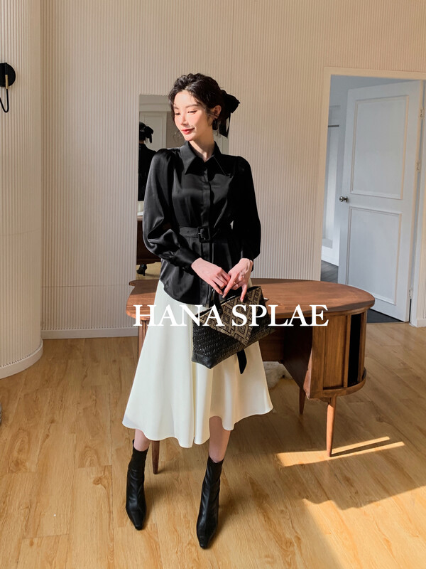 New in autumn! [HANNA Hanna] temperament high-end satin commuter shirt (with belt) H10335# JHY