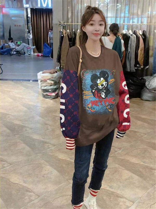 New in autumn! [Jinhan] cartoon pattern color matching sleeve loose sweater 8258# GYJ