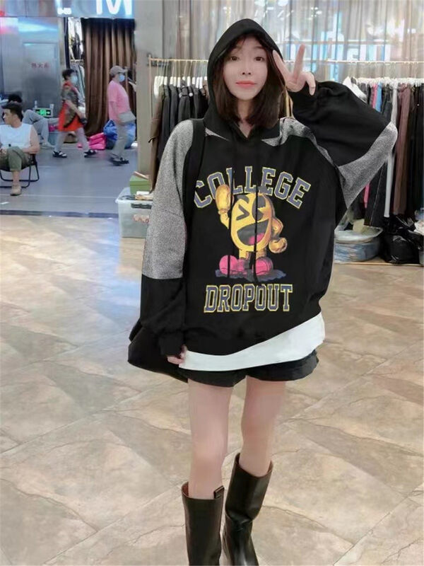 New in autumn! [Jinhan] Smiley Letters Loose Colorblock Hooded Sweater YS1-8185# GYJ