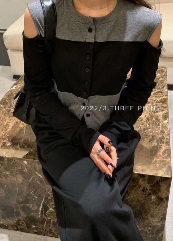 Autumn is new! [3.THREE POINT] Off-the-shoulder color-blocking fashion shirt 6119# ZXL