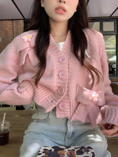 Real shooting real price Han chic autumn college style pink and tender bow sweater cardigan