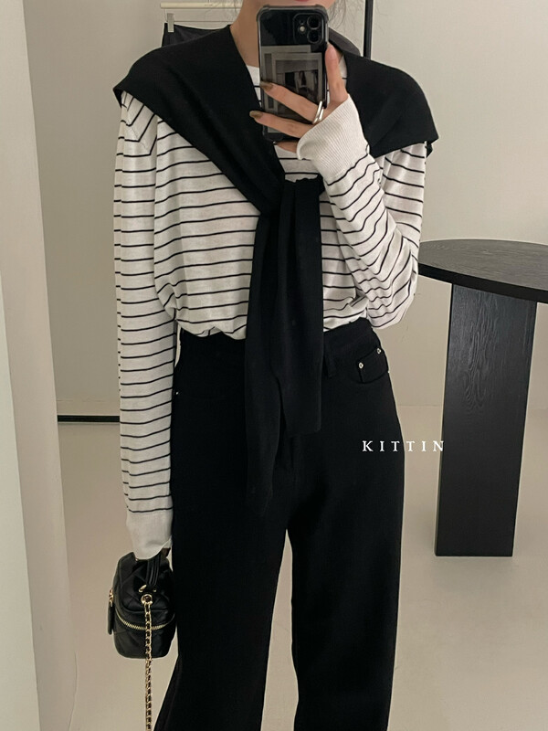 【KITTIN】Striped round neck and shawl sweater (with shawl) 1312# FHX