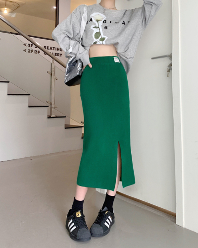Real price 2022 autumn new elastic knitted wool skirt women's high waist slim slit bag hip skirt