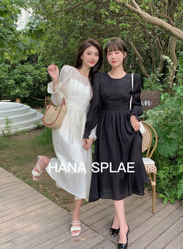 New in early autumn! [HANNA Hanna] French elegant waist-length temperament long-sleeved A-line large stitching dress H5521# JHY