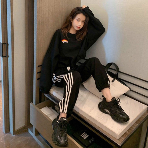 2022 spring and autumn new sportswear suit female Korean version of the Western style loose rainbow sweater casual harem pants two-piece set