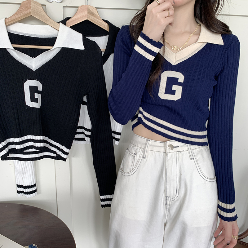Real sale real price autumn new college style short V-neck knitted long-sleeved top women's