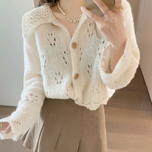 Grape Mom studiolee early autumn new style lazy wind knitted cardigan coat women's loose hollow sweater