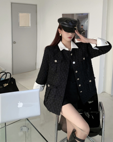 Real shot autumn small fragrance coat loose fake two-piece stitching detachable collar showing thin woolen coat women