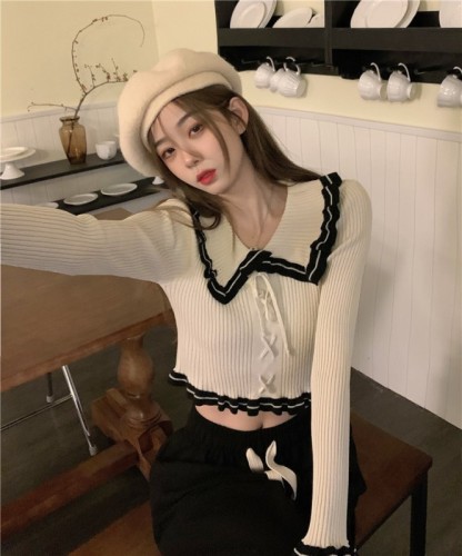 Net price real shot Early autumn short lace-up stitching sweater fungus edge slim knitted sweater top