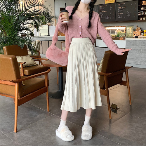 Real price 2022 autumn and winter new knitted skirt women's high waist and thin mid-length A-line large swing skirt