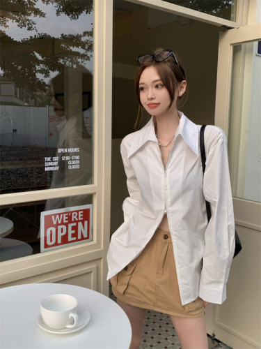 Real shot real price niche personality zipper shirt female Polo collar long sleeve solid color early autumn slim fit top