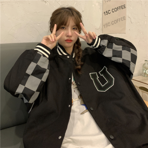 Double coat jacket jacket women's spring and autumn Korean version all-match checkerboard letter printing loose baseball uniform top